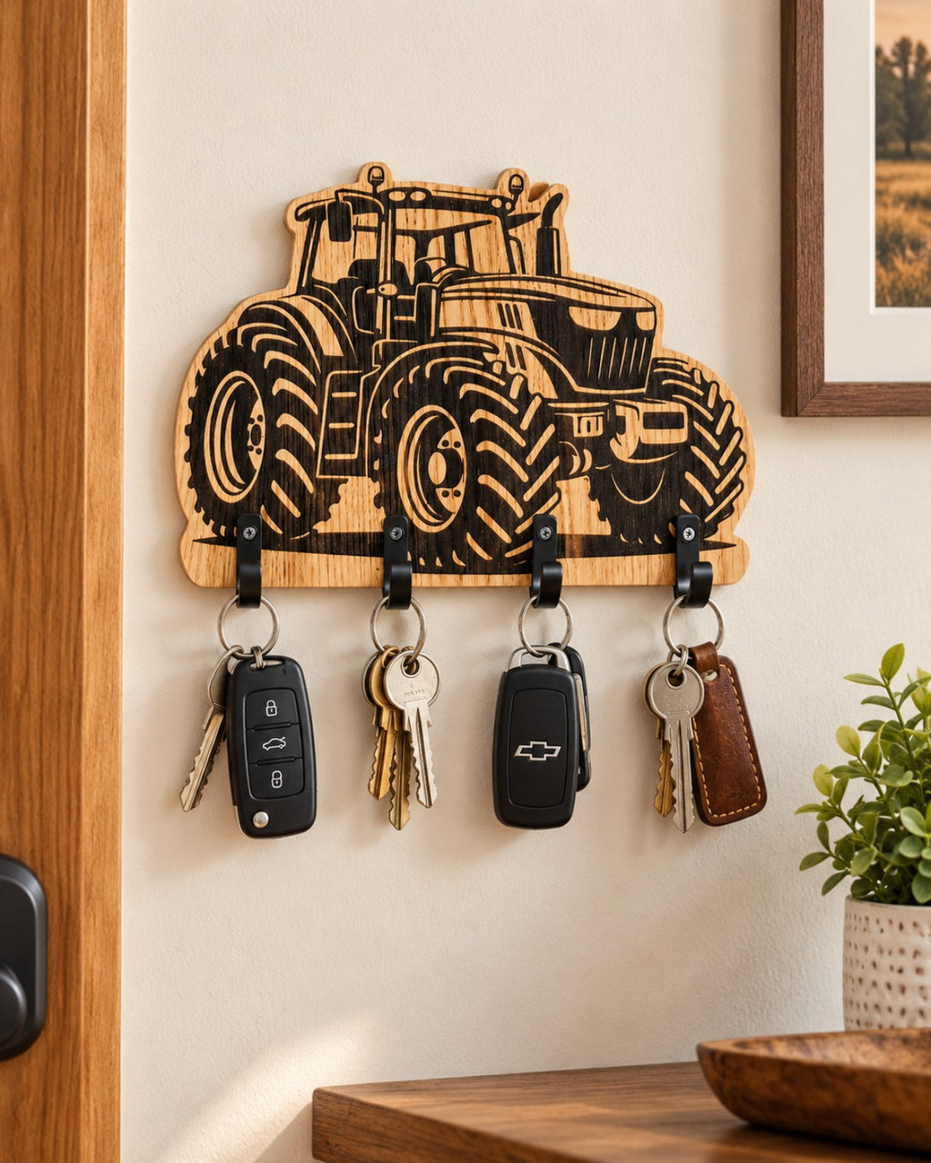 Porte-clés mural tracteur en chêne avec gravure agricole et 4 crochets pour clés