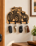 Porte-clés mural tracteur en chêne avec gravure agricole et 4 crochets pour clés